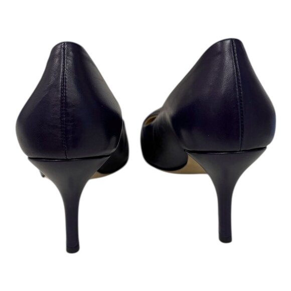 Salvatore Ferragamo Navy Leather Pumps Size 10 B Made in Italy Pointed Toe Logo - Picture 3 of 13